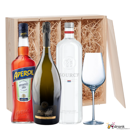 Aperol Aperitief 70cl - Bedin Spumante Prosecco 75cl - Sourcy Rood 75cl - 1 Wijn Glas